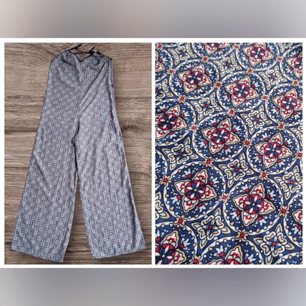 Sans Souci Boho Jumpsuit Blue Red Kaleidoscope Patterned Spaghetti Strap Size M - Picture 1 of 4